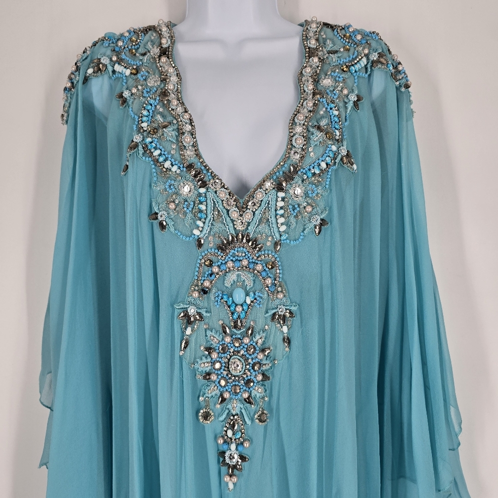 Marchesa Couture Aqua Blue Embellished Neckline Chiffon Caftan Gown No Size - Picture 8 of 16